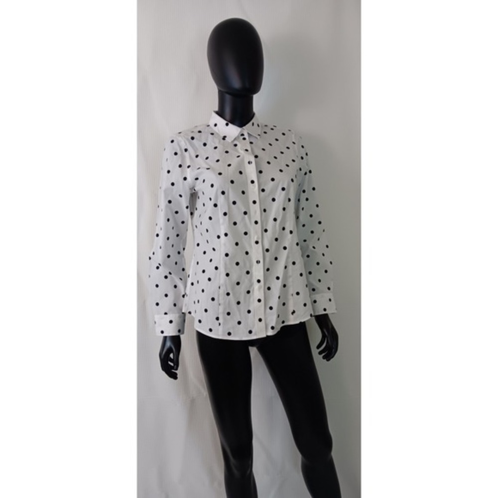 Talbots Petites Non-Iron White Polka Dot Button Front Blouse Top 8P